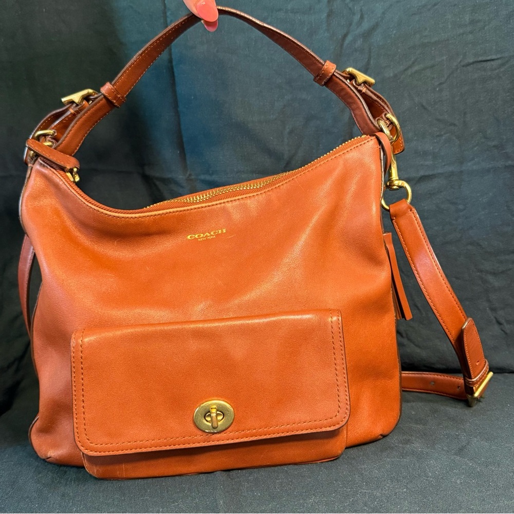 Coach Cognac Leather Hobo with Front Turn-Lock Pocket
